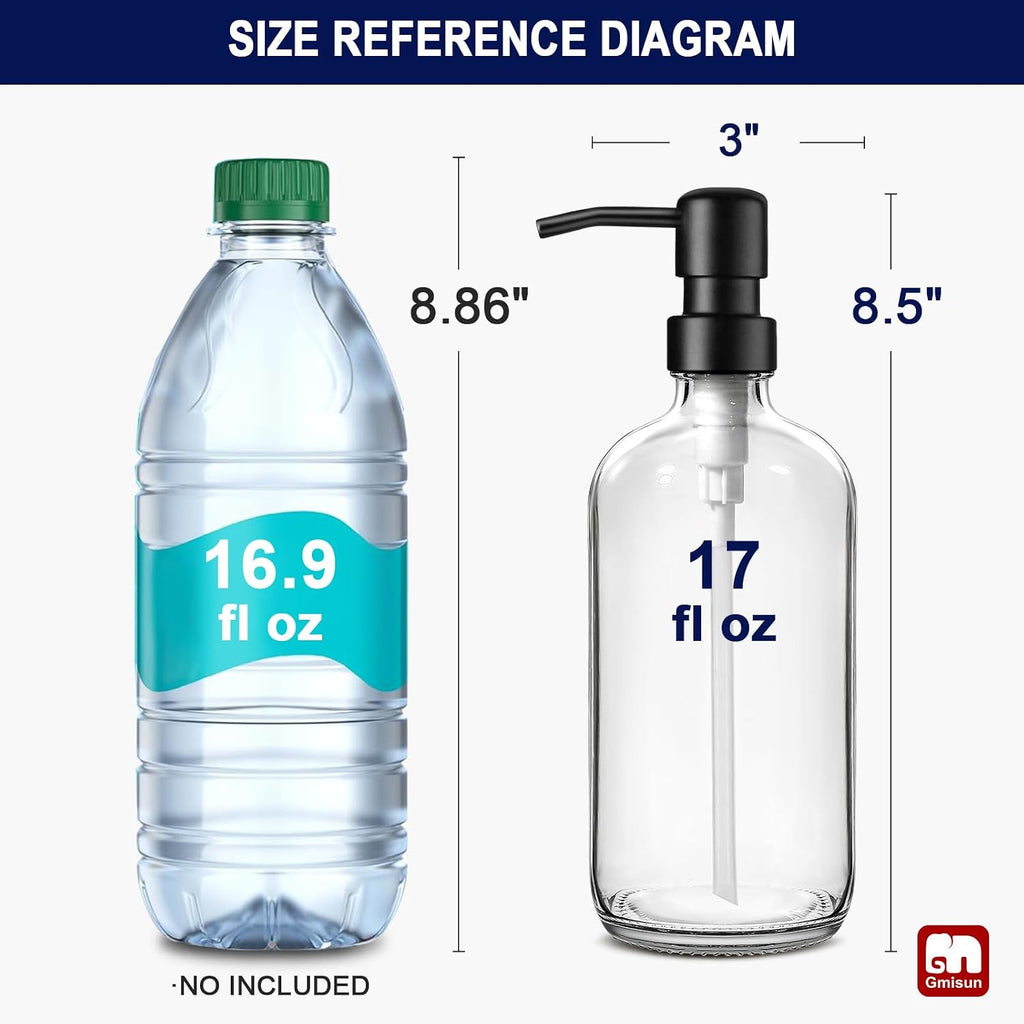 Glass Soap Dispenser with Pump, 2 Pack Clear Bathroom Hand Soap Dispenser with Stainless Steel Pump, 17 Fl Oz