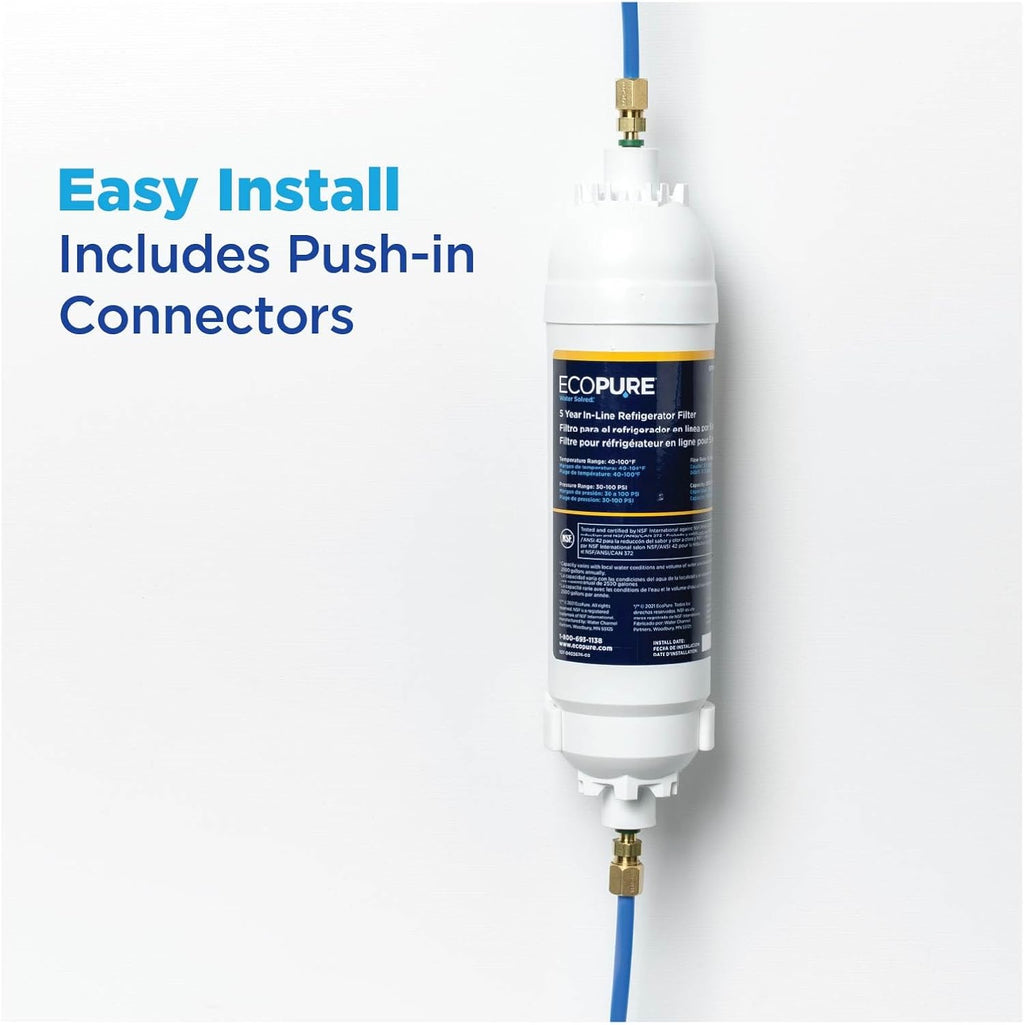 EPINL30 5-Year In-Line Refrigerator Water Filter – Universal Fit for Most Fridges, Ice Makers, RVs & Boats – Reduces