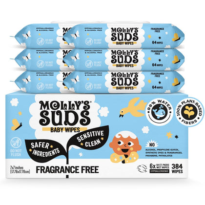 Sensitive Clean Baby Wipes | 99% Water, Plant-Based, Fragrance Free | 384 Total Wipes (6 Flip-Top Packs)