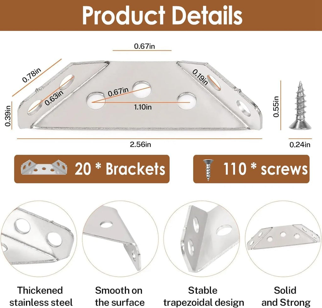 Furniture Corner Connector - 20PCS Universal Stainless Steel L Brackets for Wood,Hardware Metal Angle Bracket Corner