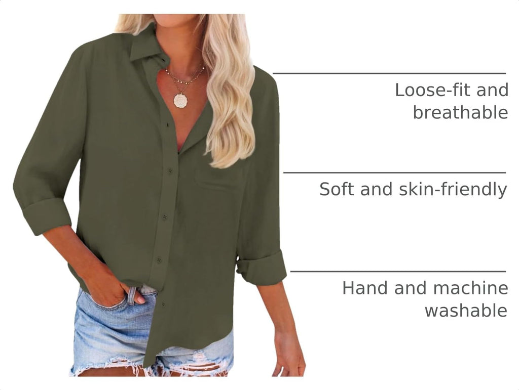 Womens Cotton Button Down Shirt Long Sleeve Casual Blouse with Pocket