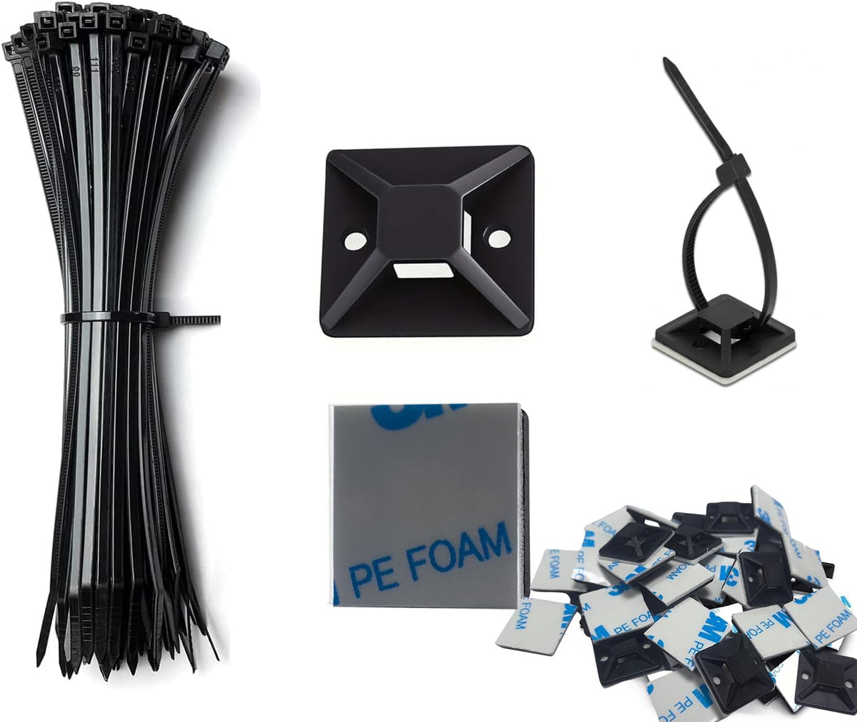 Cable Management Kit - 100 Set Adhesive Cable Zip Tie Mounts with 8" Zip Ties | UV Resistant Wire Organizers for