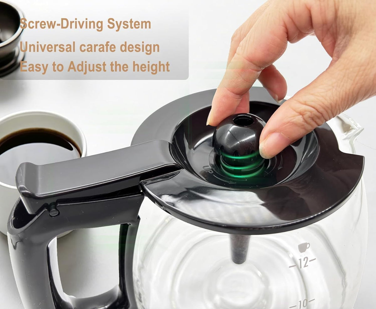Universal 12-Cup Glass Replacement Coffee Carafe, Compatible with Multiple Coffee Maker Brands, Black Handle