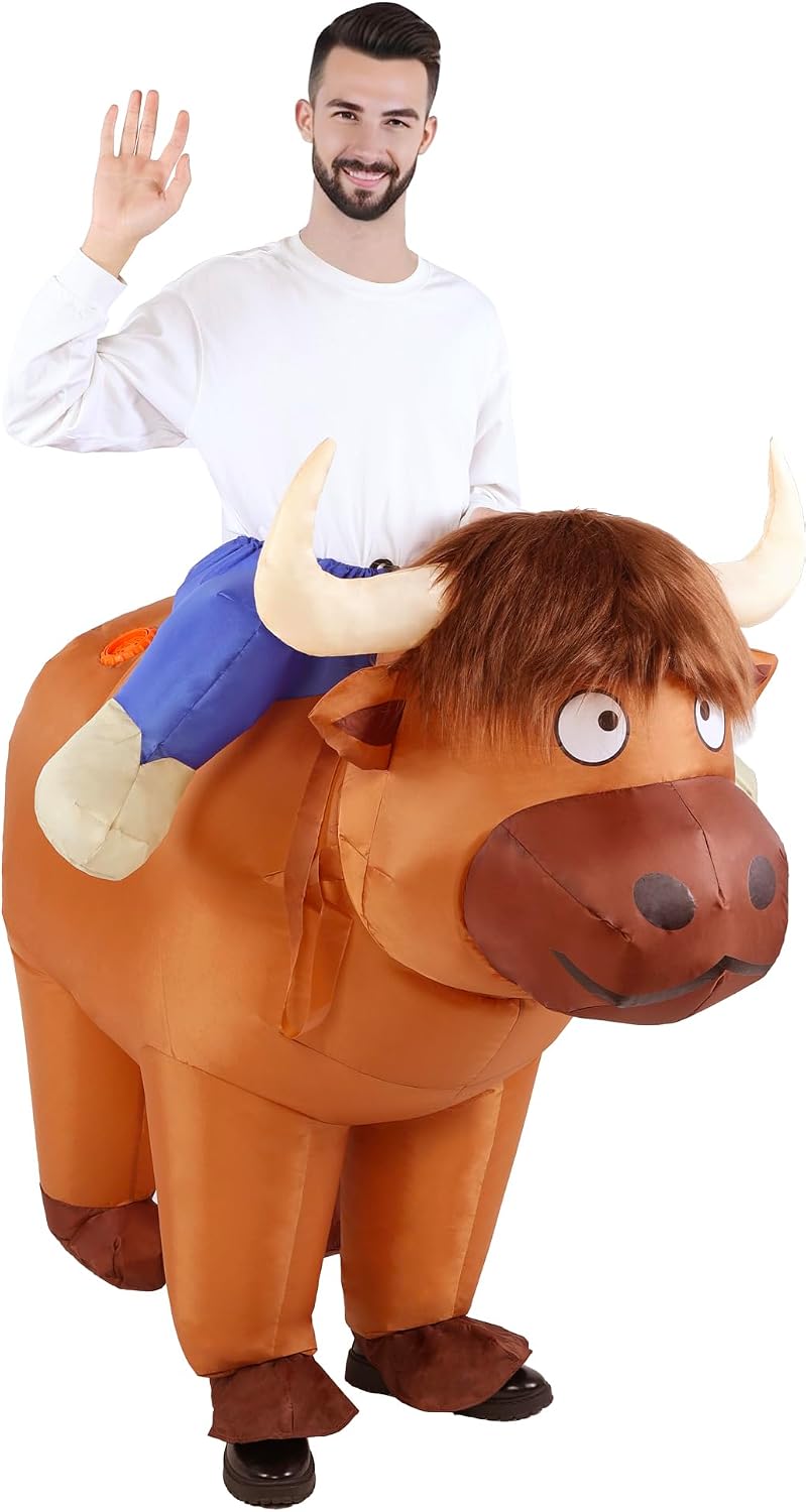 Inflatable Highland Cow Costume Adult Halloween Blow Up Costumes | Funny ride on farm animal blowup outfit cosplay