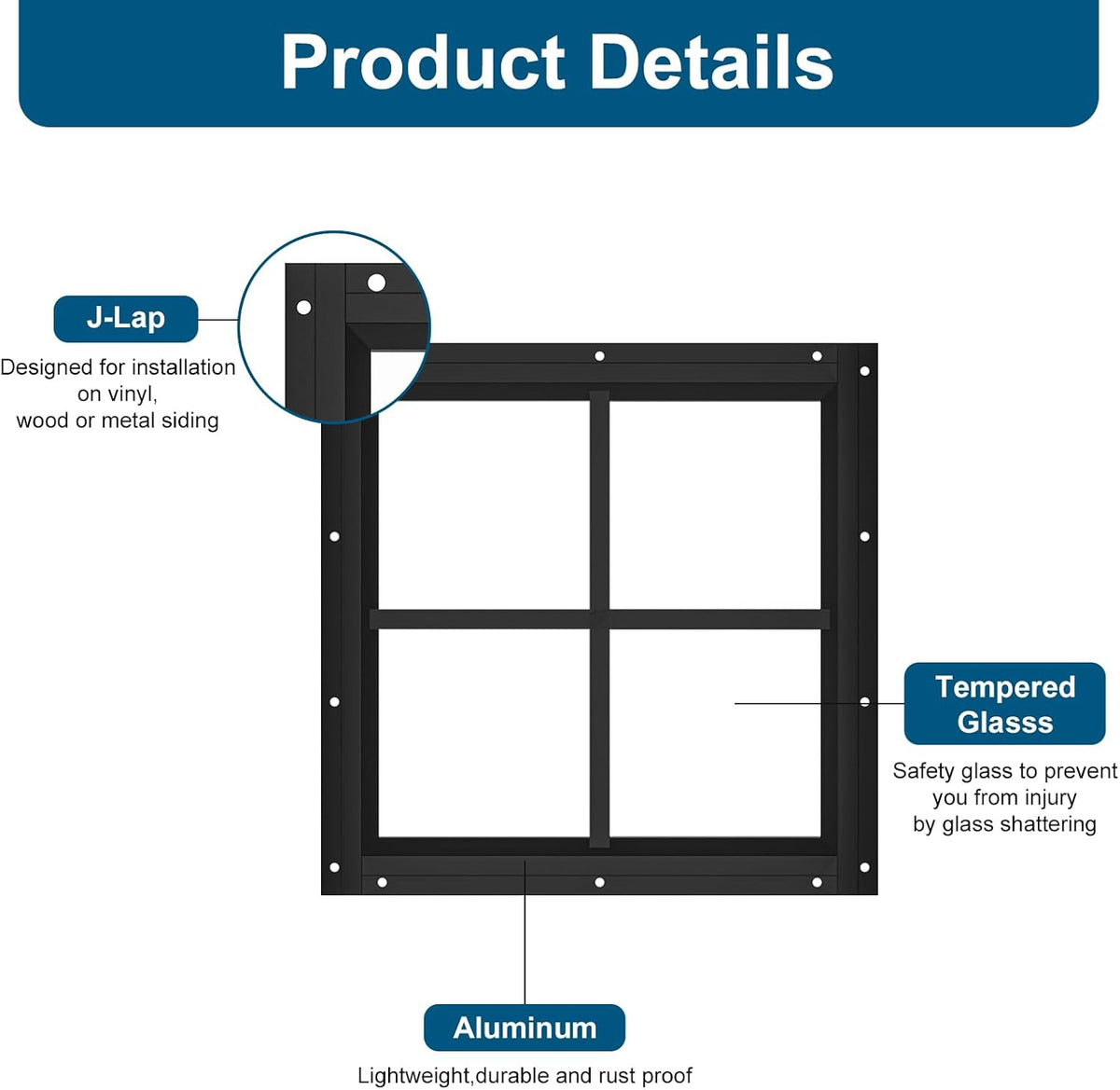 2-Pack Black Shed Transom Windows, 12 x 12 Inch Flush-Mount Tempered Glass