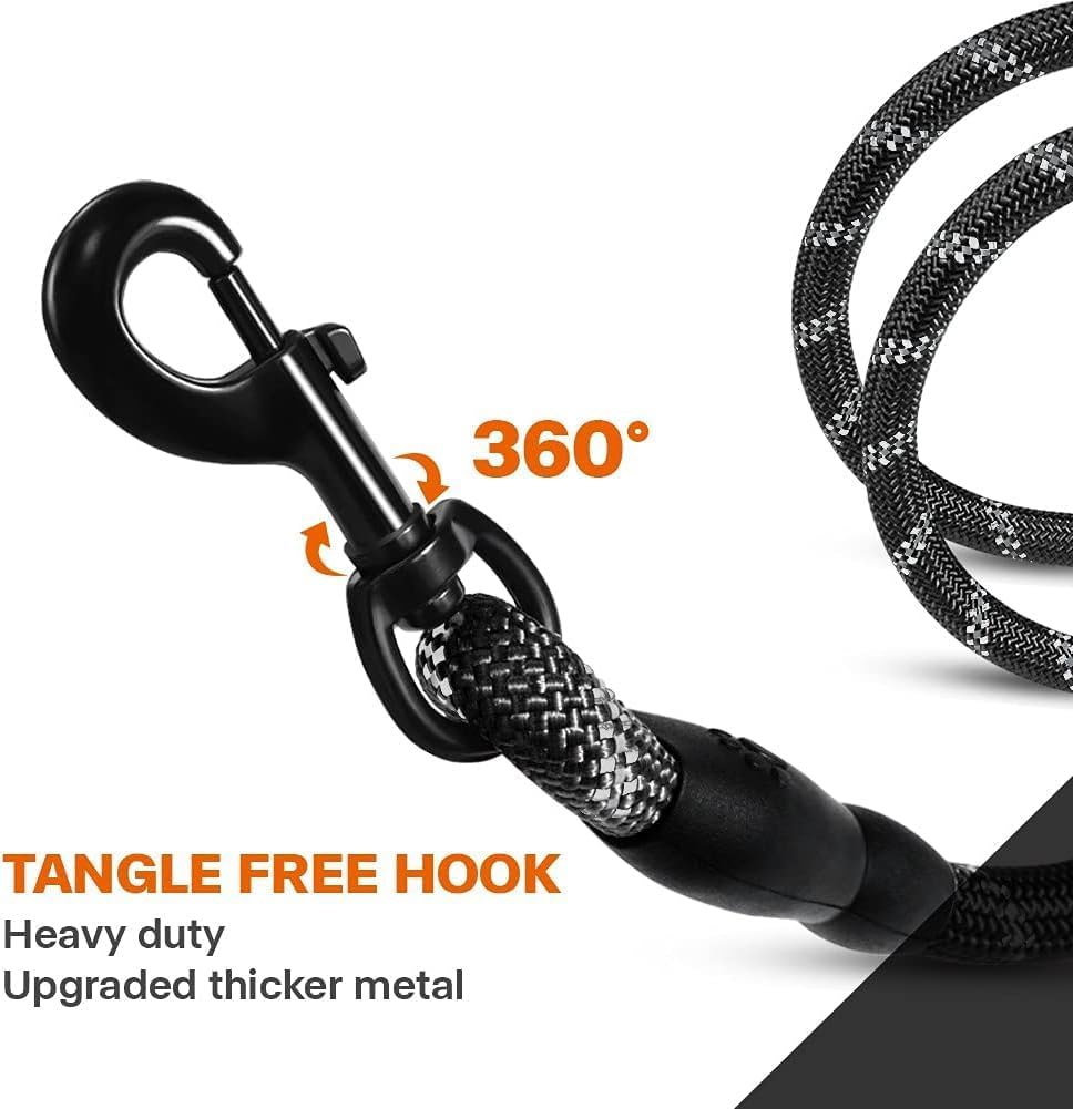 Rope Dog Leash 6 FT with Comfortable Padded Handle, Highly Reflective Threads Leash and Anti-Tangle Clip for Walking
