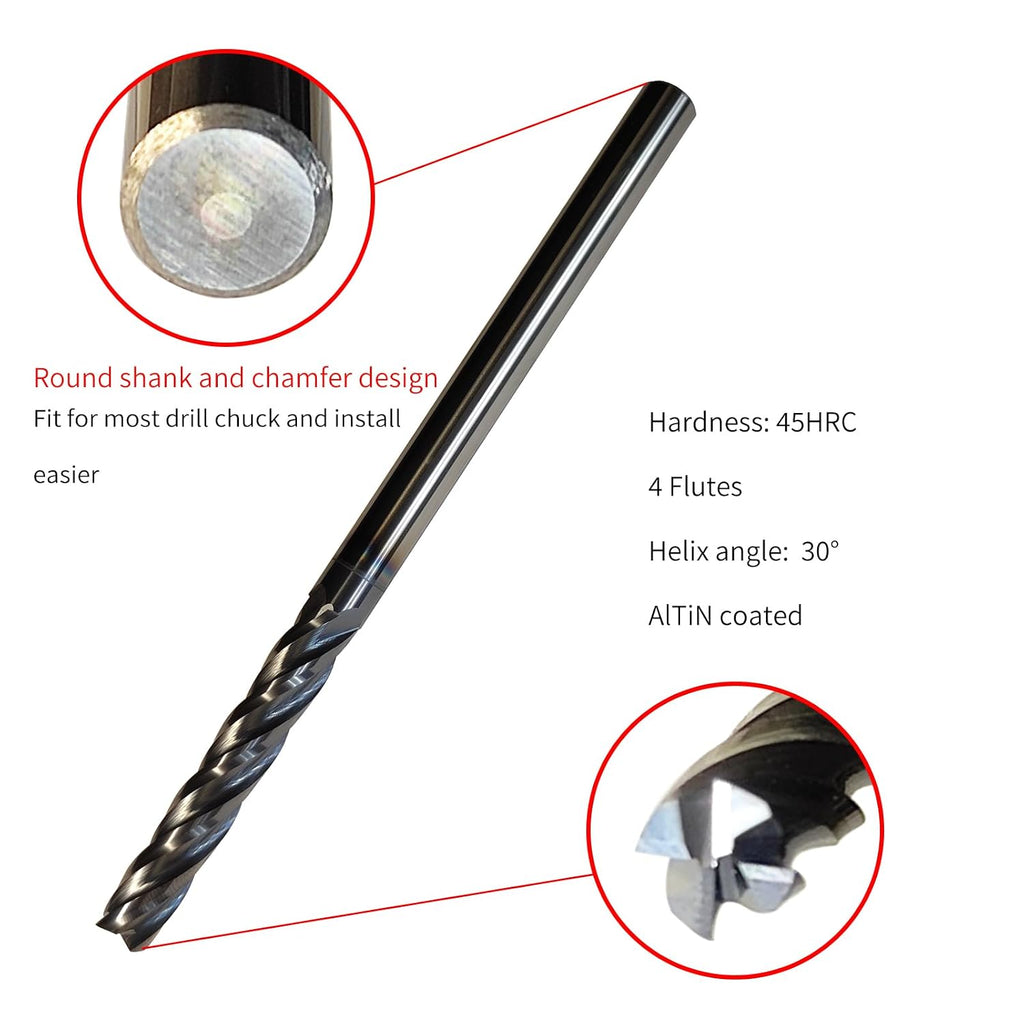 1/4" Carbide End Mill, Extra Long, 4" Overall Length, 4 Flute, AlTiN Coated