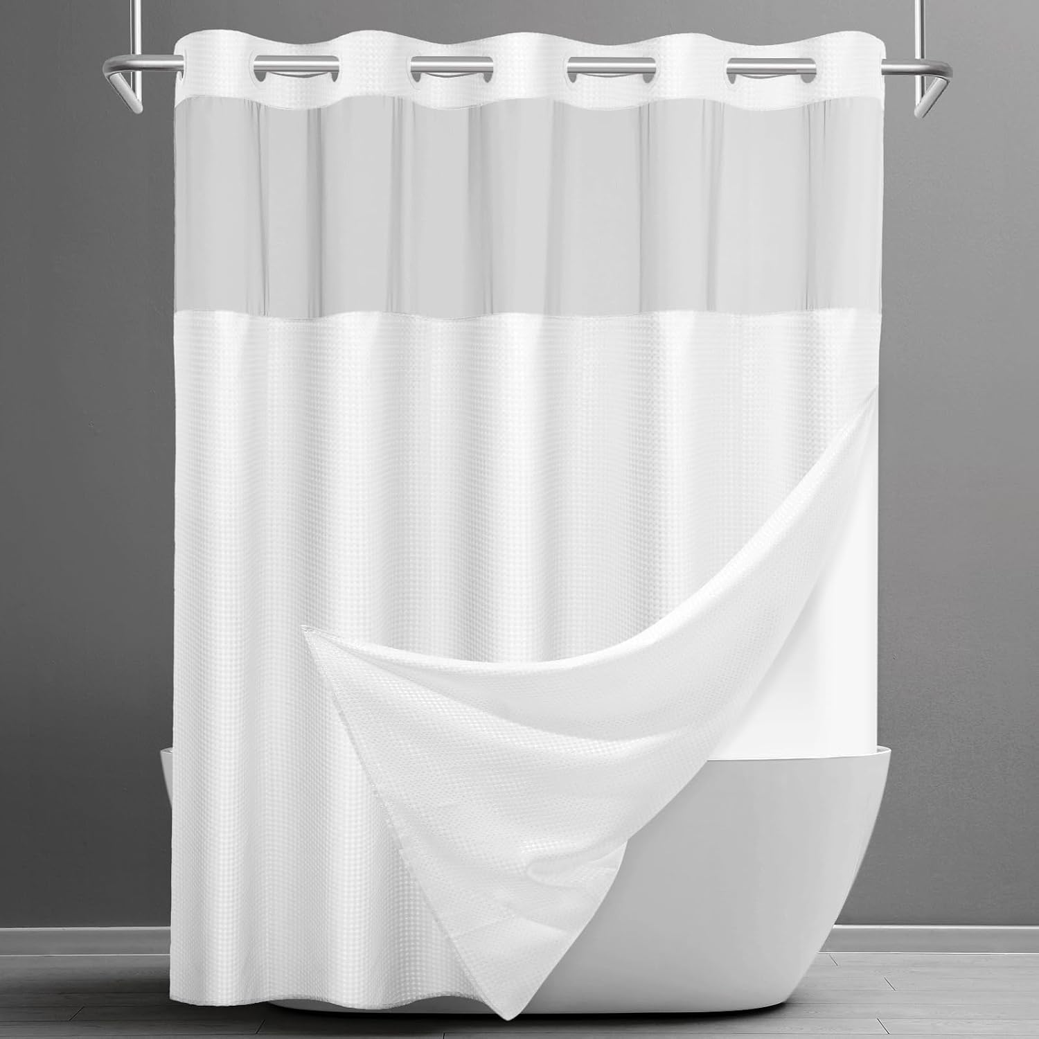 No Hook Shower Curtain with Snap in Liner Set Waffle Shower Curtain for Bathroom Hotel Style Fabric Waterproof Inner