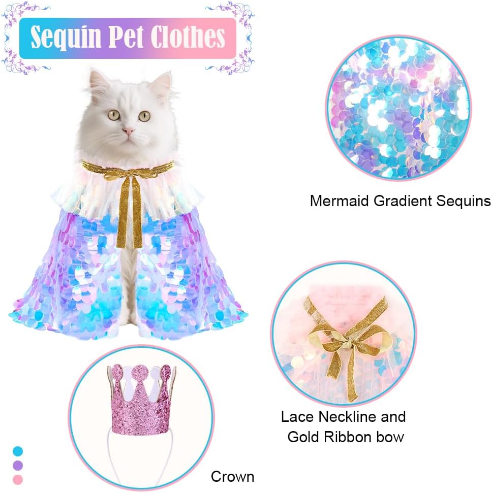2 Packs Halloween Cat Costumes, Small Funny Sequins Halloween Cat Wizard Cape Adjustable Pet Wizard Cloak for Little