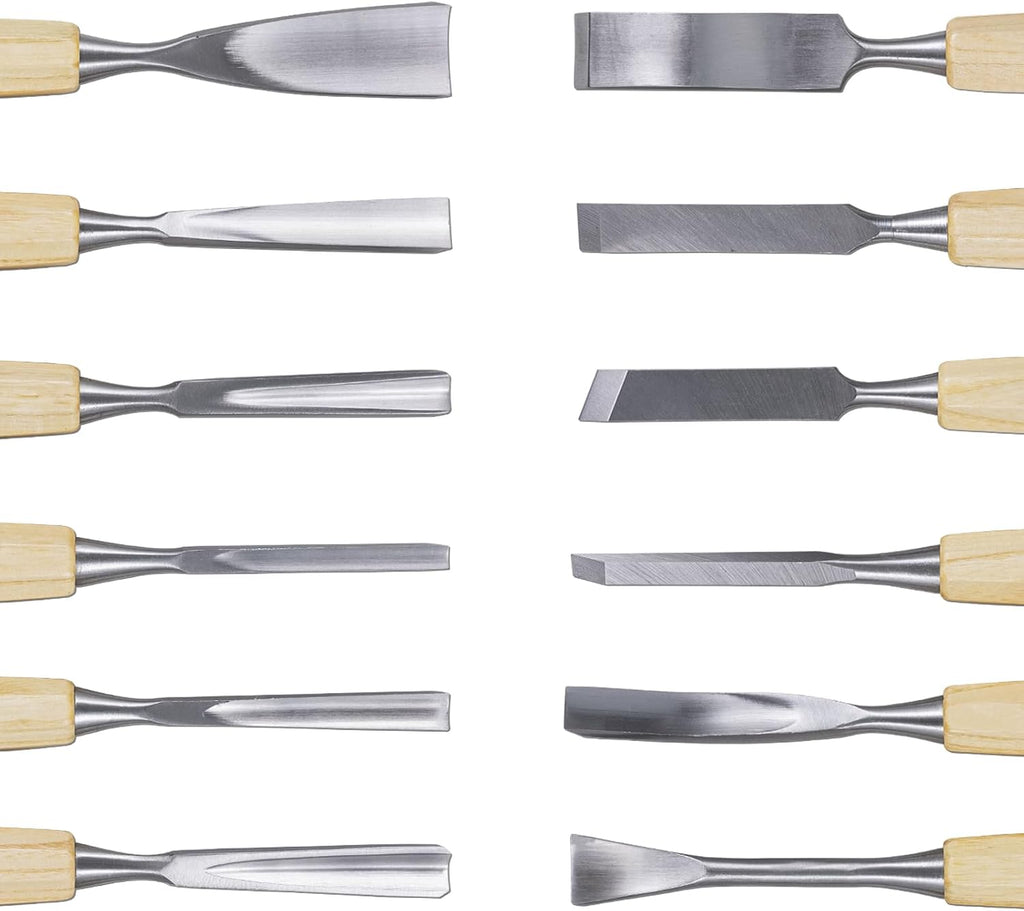 12 Pcs Wooden Carving Chisel Set with a Leather Pouch | Long Handle Woodworking Tools Set, Full Size Knife Gouge Kit