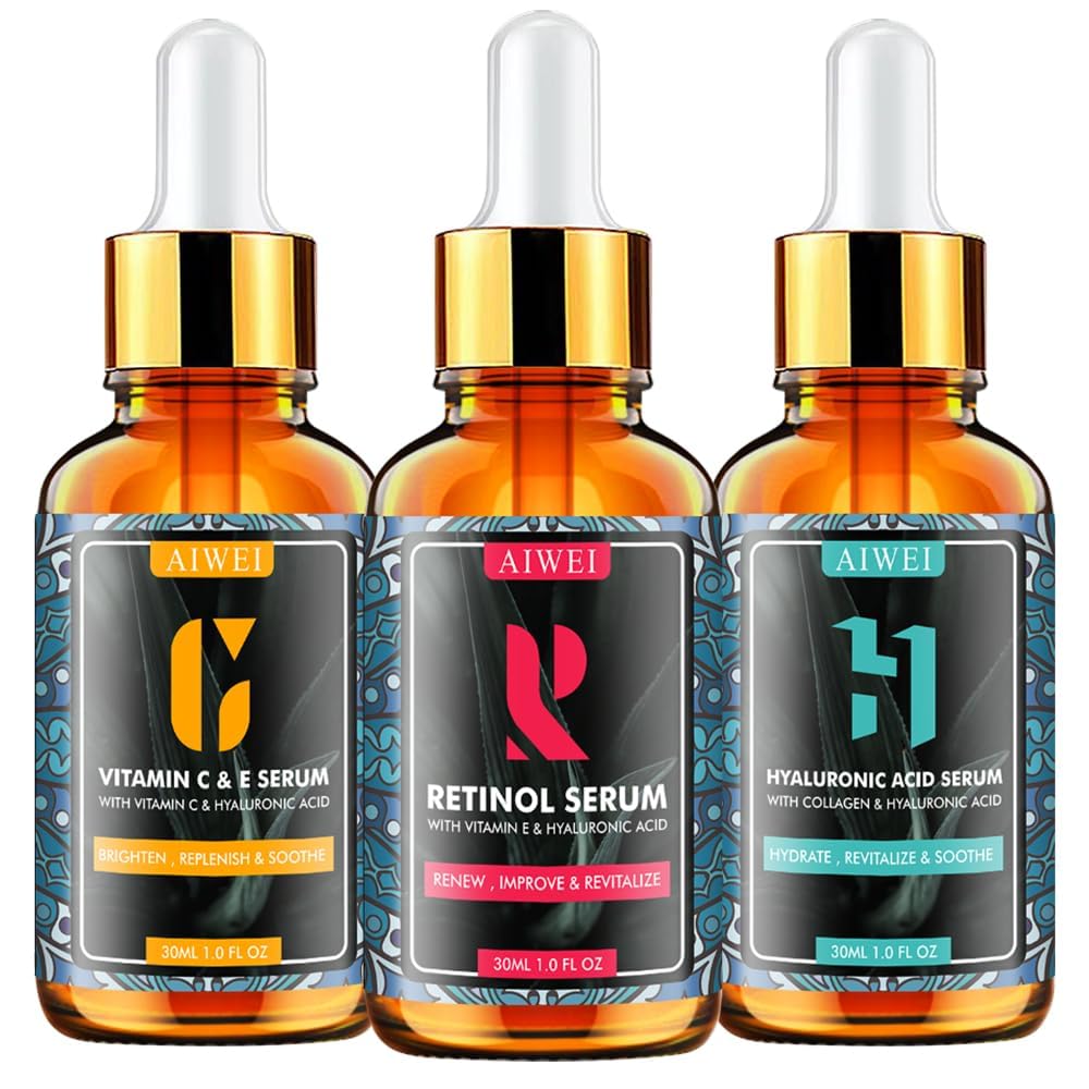 Facial Serum Set - Includes Vitamin C, Retinol & Hyaluronic Acid - Improve Skin Texture, Glow & Hydration - Day and