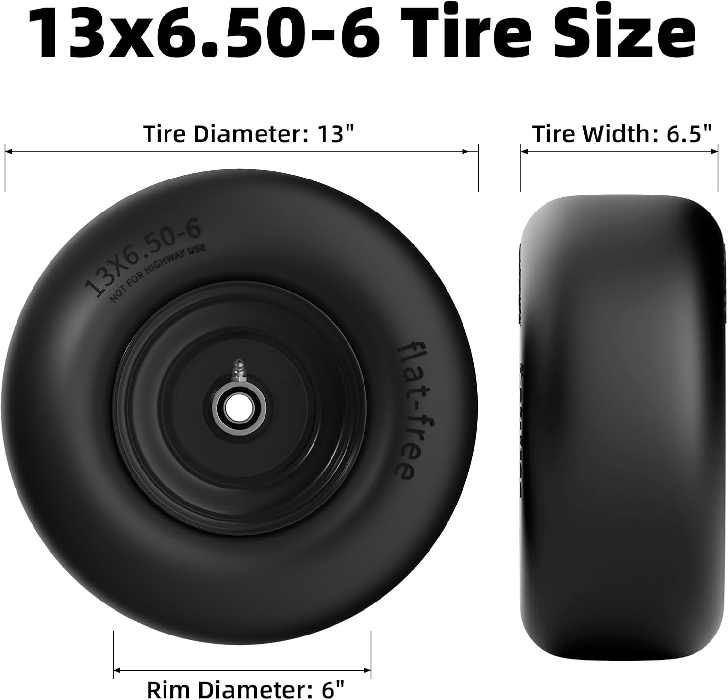 13x6.50-6 Flat Free Zero Turn Lawn Mower Tires, 500lb Load Capacity | Universal 3/4", 5/8", 1/2" Bearings