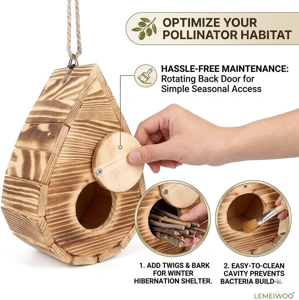 Torched Wood Butterfly House with Feeder, Hanging Insect Habitat for Garden Outdoor, 2-in-1 Backyard Pollinator