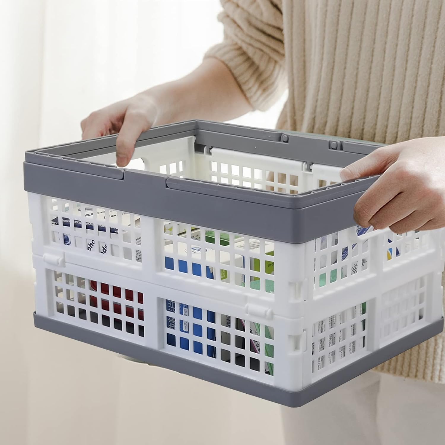 2-Pack Collapsible Crate with Handle, Grocery Shopping Baskets | Collapsible Stackable Grocery Crates with Handles