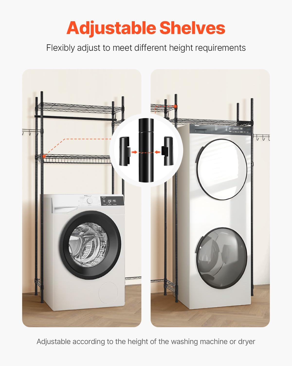 Over the Washer and Dryer Storage Shelf, 4 Tier Laundry Room Drying Rack with Hanger Rod and Hooks, Adjustable Over