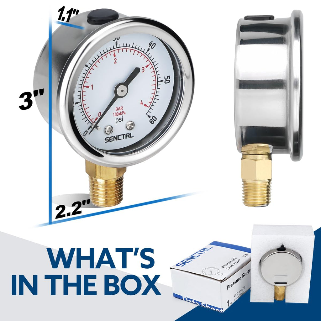 SENCTRL 0-60 Psi Low Pressure Gauge, 1/4 NPT Lower Mount