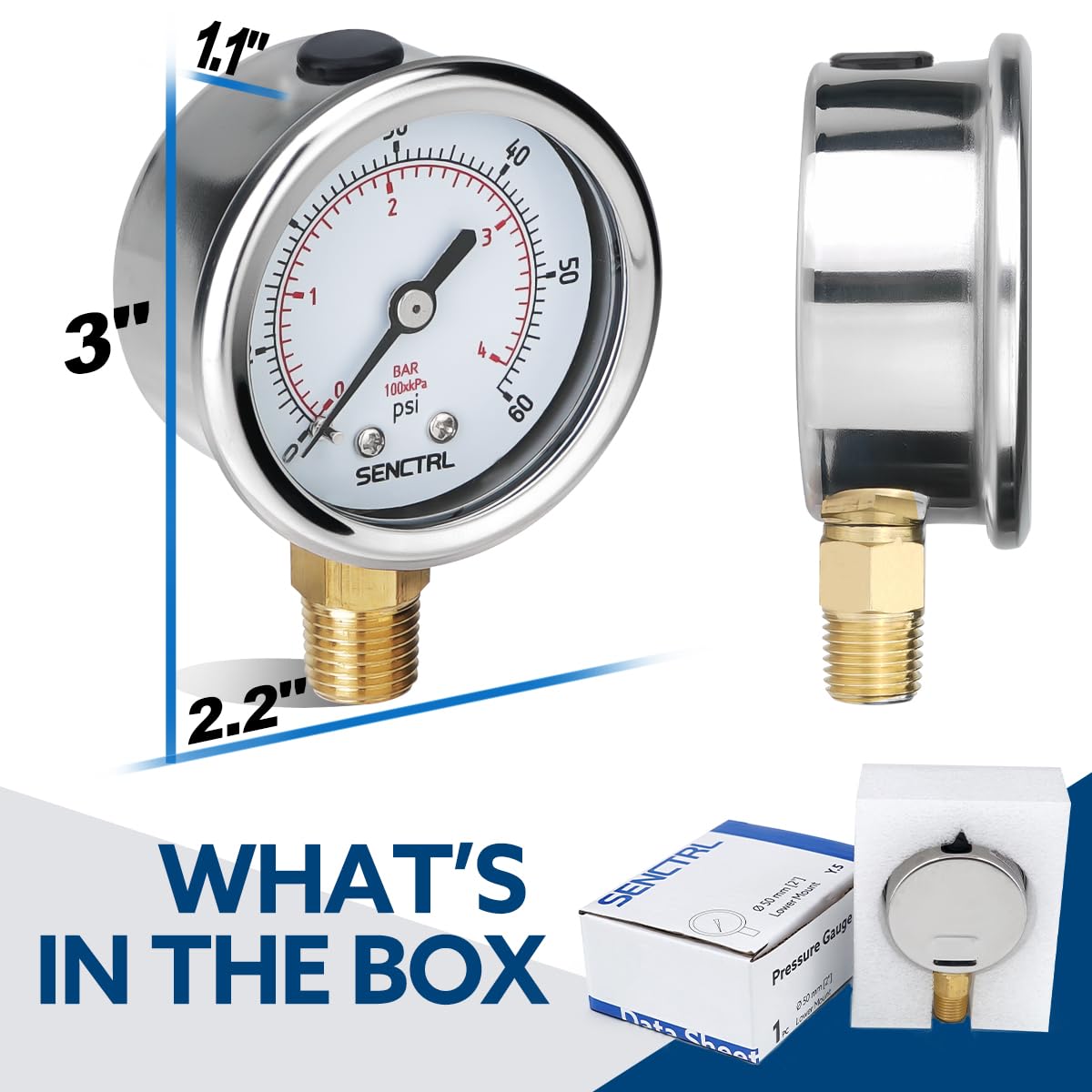 SENCTRL 0-60 Psi Low Pressure Gauge, 1/4 NPT Lower Mount