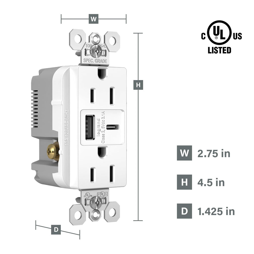 Legrand 15 Amp TR Spec Grade Outlet USB Type A/C White 1 Pack