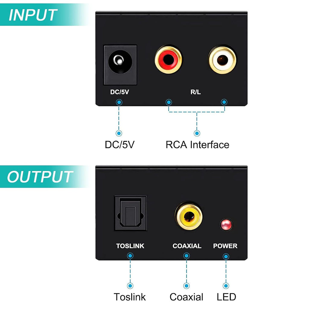 RCA Analog to Digital Optical Toslink Coaxial Audio Converter Adapter with Optical Cable