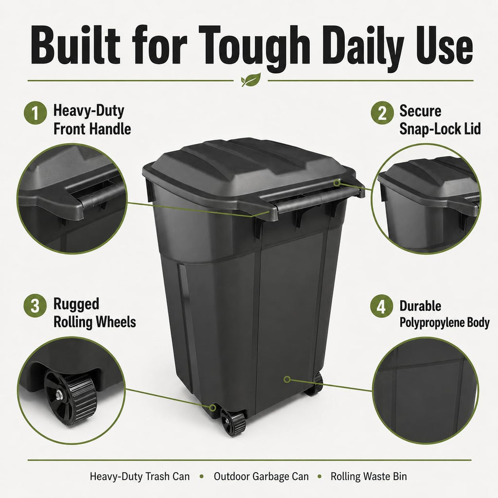 32 Gallon Outdoor Trash Can with Attached Lid Wheeled Heavy-Duty | Garbage Bin, Impact-Resistant Polypropylene