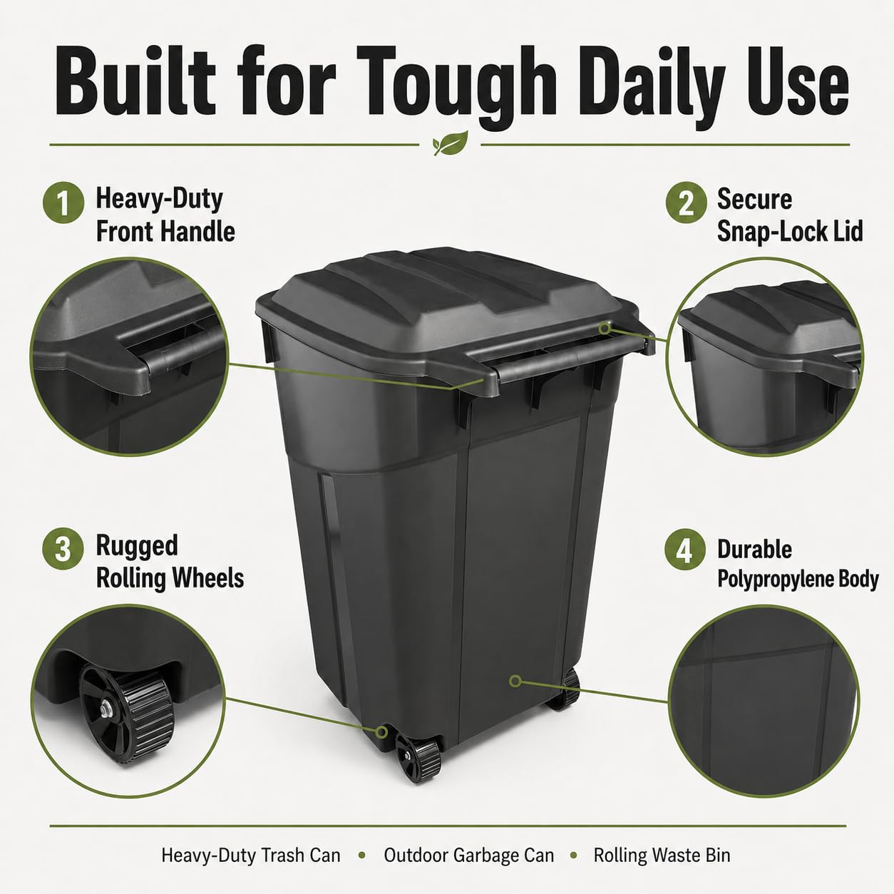 32 Gallon Outdoor Trash Can with Attached Lid Wheeled Heavy-Duty | Garbage Bin, Impact-Resistant Polypropylene