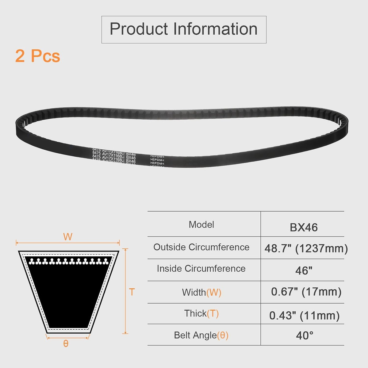 uxcell 2 Pcs BX46 EPDM V-Belt, Raw Edge Cogged Industrial Rubber V Belt 0.67" Width x 46" Inside Circumference