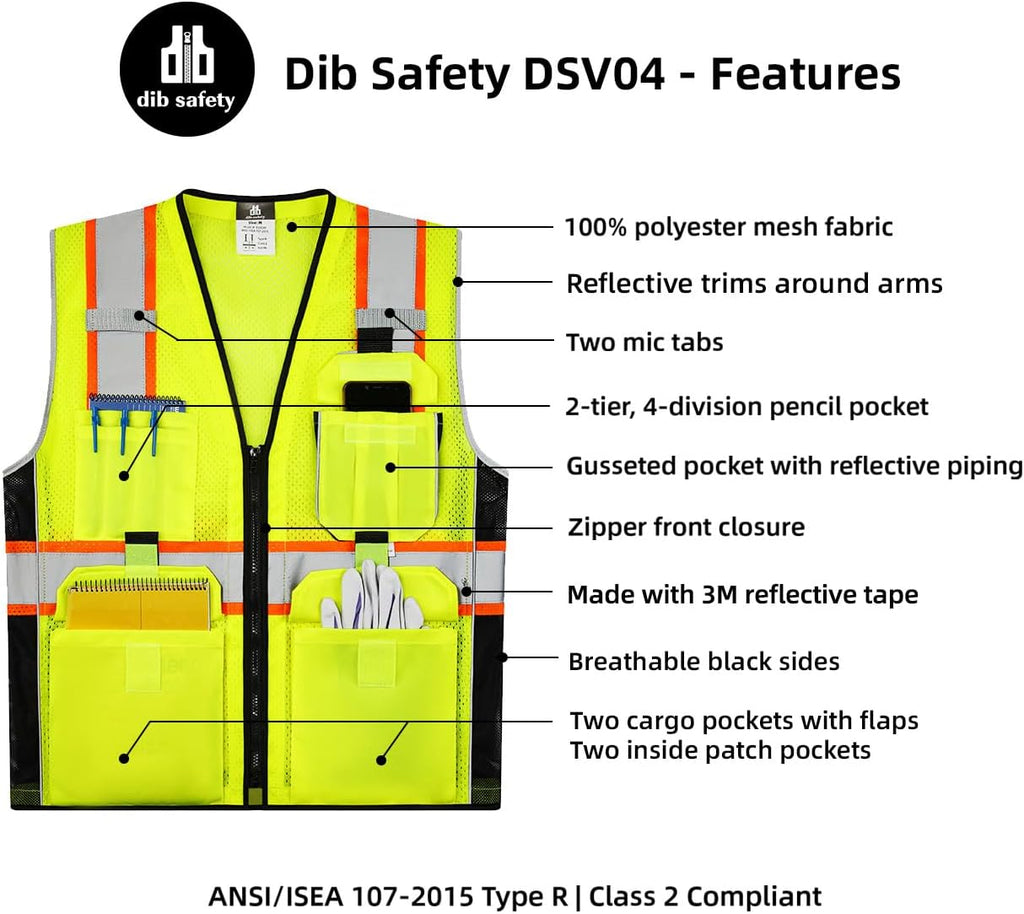 Heavy Duty Reflective Safety Vest with Pockets, Yellow Mesh XL | Made with 3M Reflective Tape, High Visibility