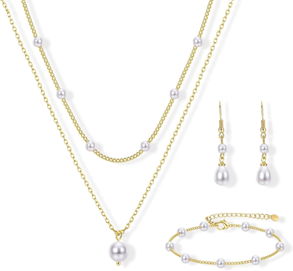 Gold Jewelry Set for Women - 16K Gold Plated Pearl Necklace and Earring Set With Drop Earrings,Charm Layered