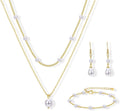 Gold Jewelry Set for Women - 16K Gold Plated Pearl Necklace and Earring Set With Drop Earrings,Charm Layered