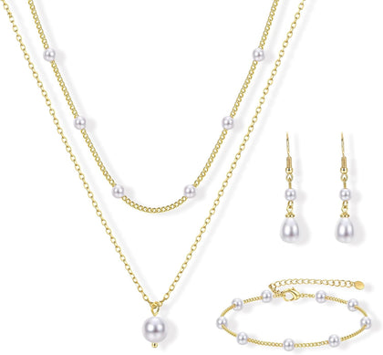 Gold Jewelry Set for Women - 16K Gold Plated Pearl Necklace and Earring Set With Drop Earrings,Charm Layered