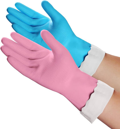 Household Cleaning Gloves - 2 Pairs Reusable Kitchen Dishwashing Gloves with Latex Free, Cotton lining, Waterproof