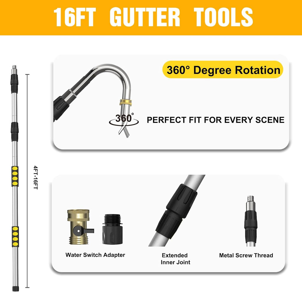 Gutter Cleaning Tools from The Ground, 24FT Reach Rain Cleaner with Bendable Wand and Quick Connect Adapter for