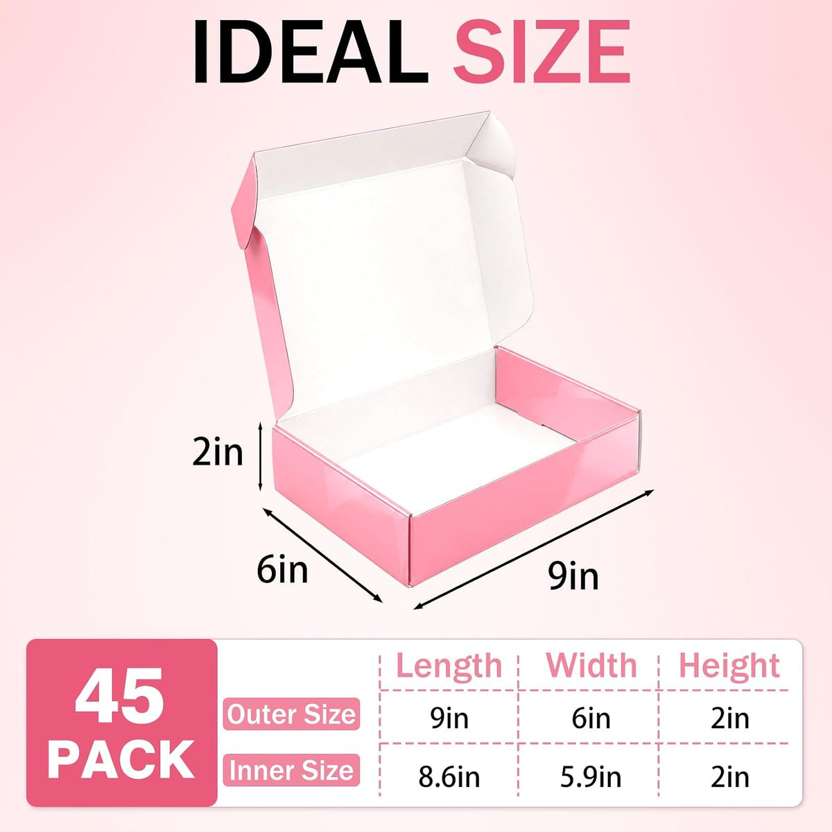 9x6x2 in Shipping Boxes Medium, 45 Pack Glossy Pink Corrugated Boxes, Cardboard Packing Boxes for Shipping Small