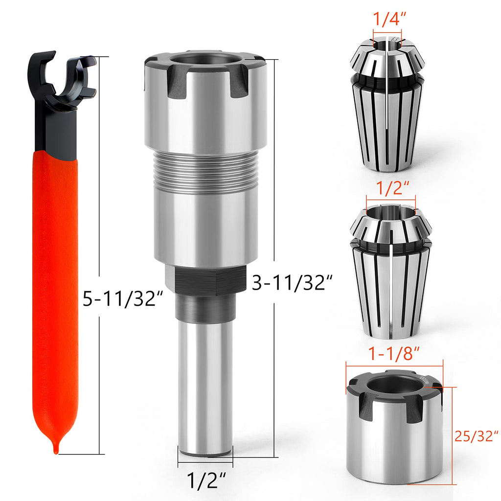 MEIGGTOOL 1/2 Inch Shank Router Bit Extension Collets ER20M Extender Chuck Converter Adapter, Convert 1/2-Inch & 1/4-Inch Shank Bits for CNC Engraving Machine and Milling Lathe Tool Workholding