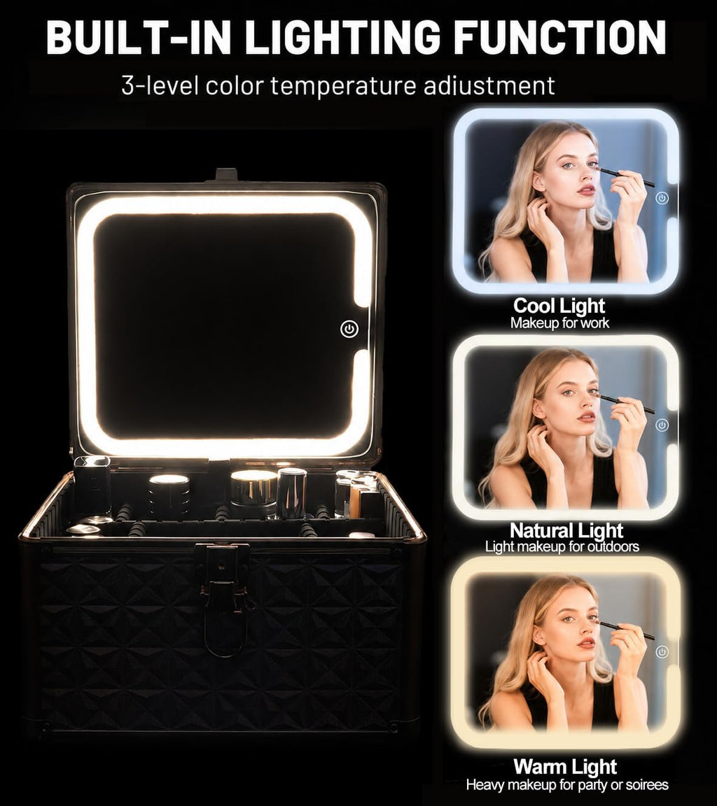 Makeup Case with LED Mirror, Portable Lockable Vanity Case, Travel Makeup Train Box for Women, Cosmetic Organizer