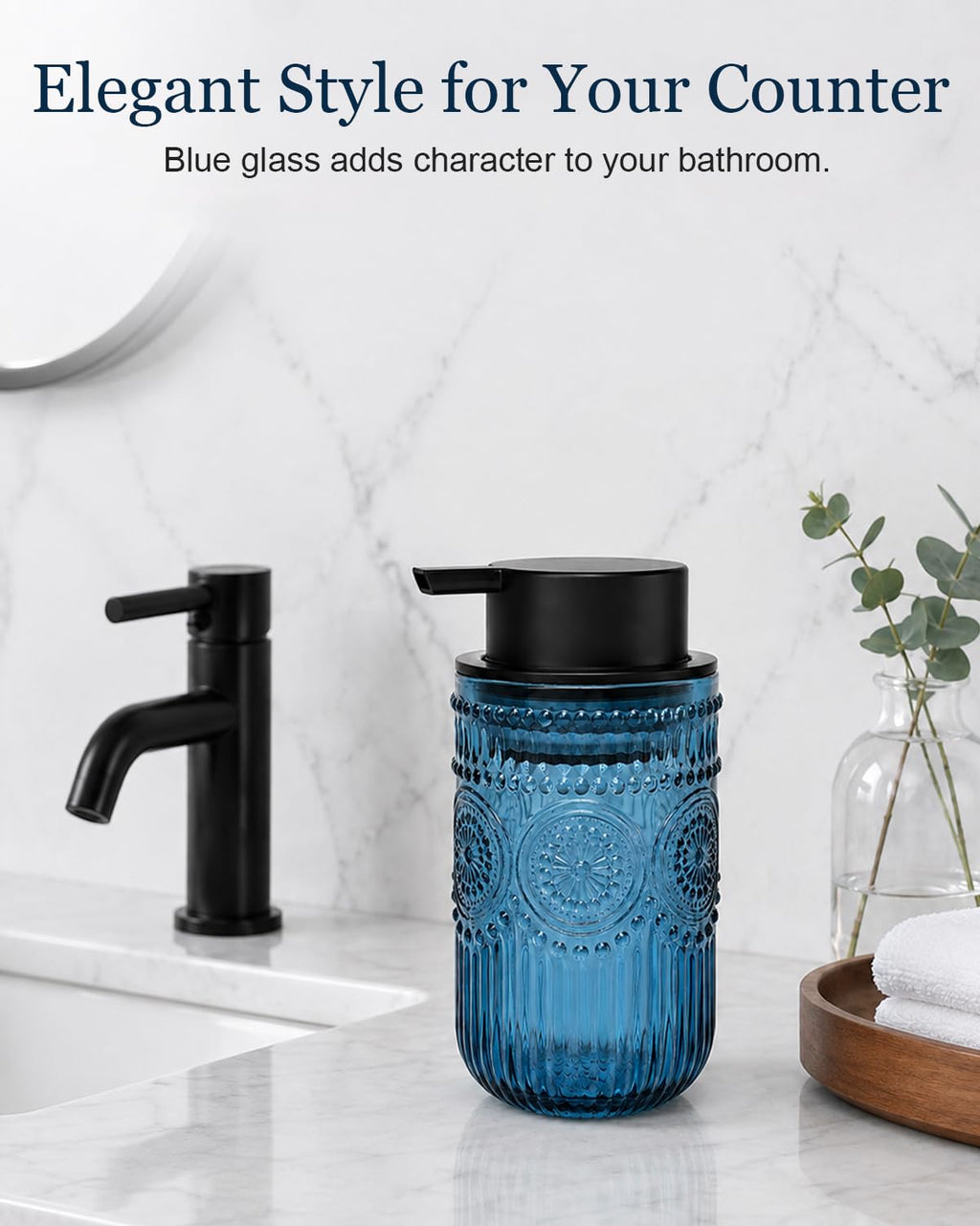 Foaming Soap Dispenser, Vintage Embossed Glass Foam Soap Dispenser, Blue