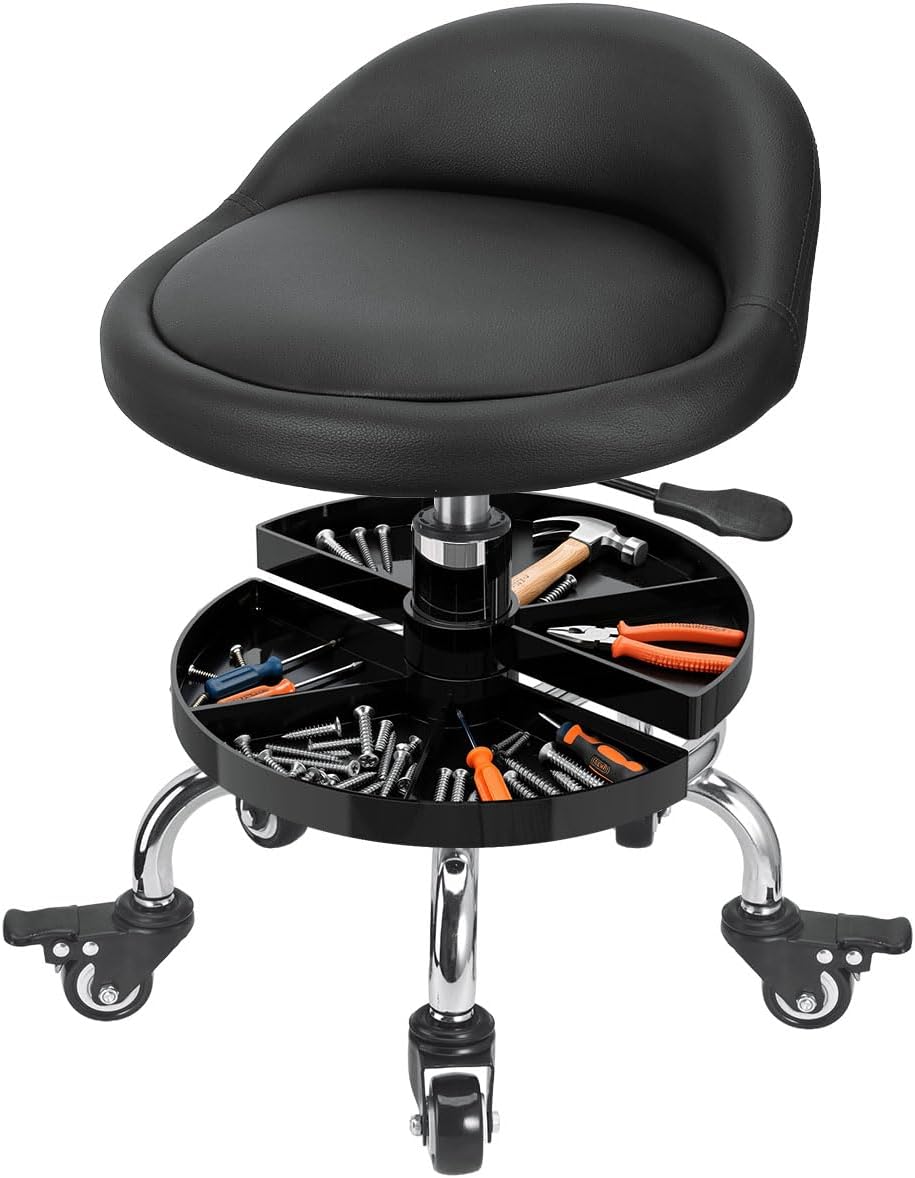 Garage Mechanic Stool with Storage Tray,Low Height Rolling Shop Stools, Rolling Mechanics Seat Chair Height