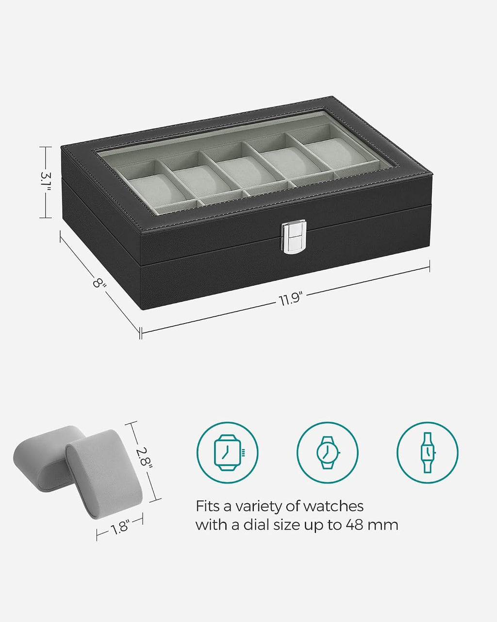 Watch Box, 12-Slot Watch Case Organizer with Large Glass Lid, Removable Pillows, Gift for Loved Ones, Black Synthetic