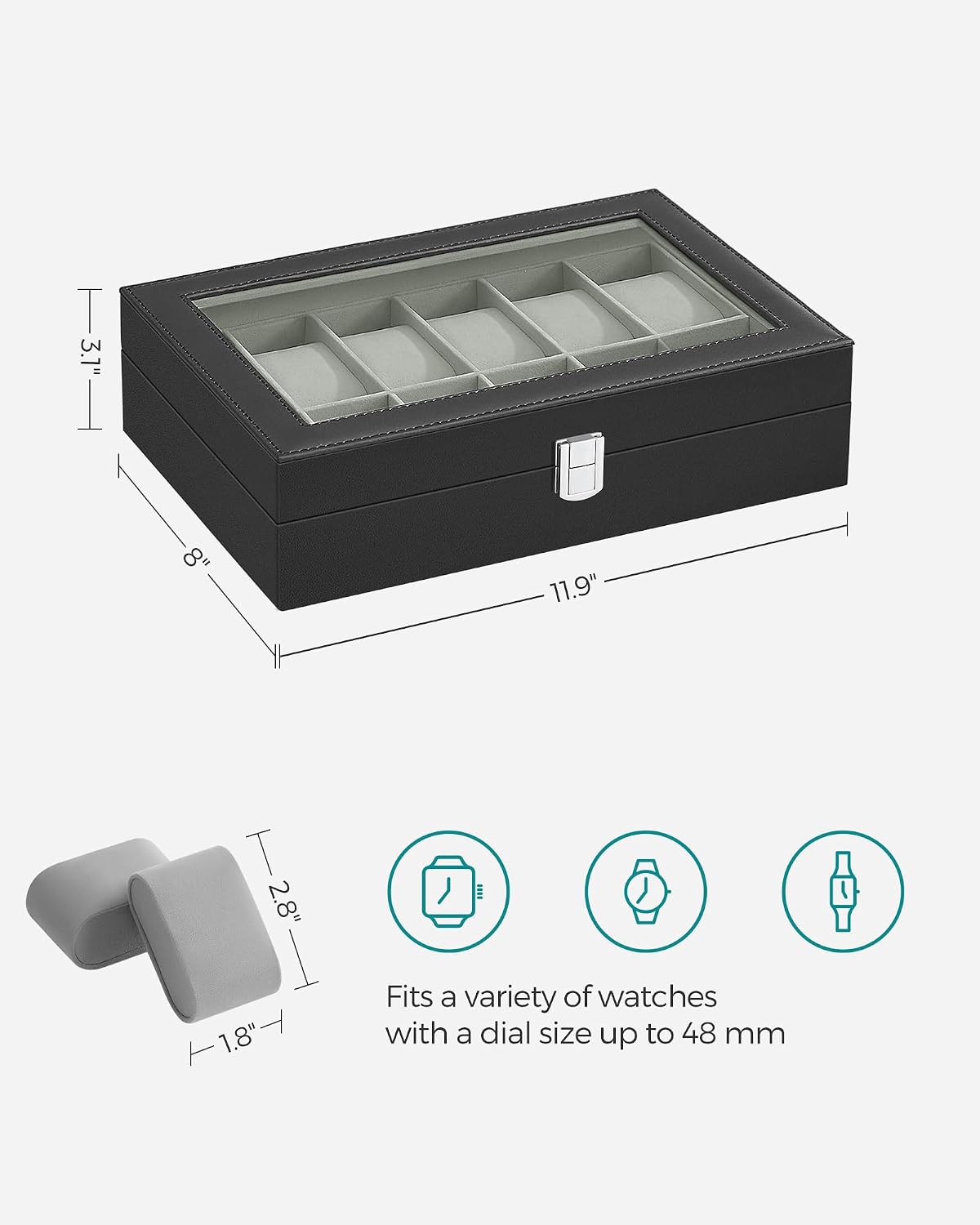 Watch Box, 12-Slot Watch Case Organizer with Large Glass Lid, Removable Pillows, Gift for Loved Ones, Black Synthetic
