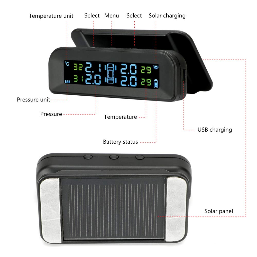 Tire Pressure Monitoring System Wireless Solar TPMS, Tire Pressure Monitor Installed on Windowshield with 4 External