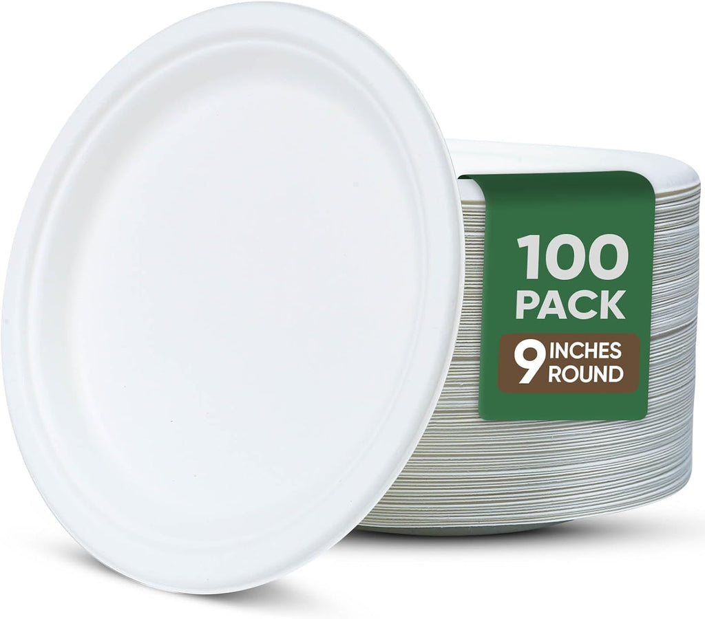 9 inch Paper Plate Heavy Duty Disposable,100% Compostable,100 Pack