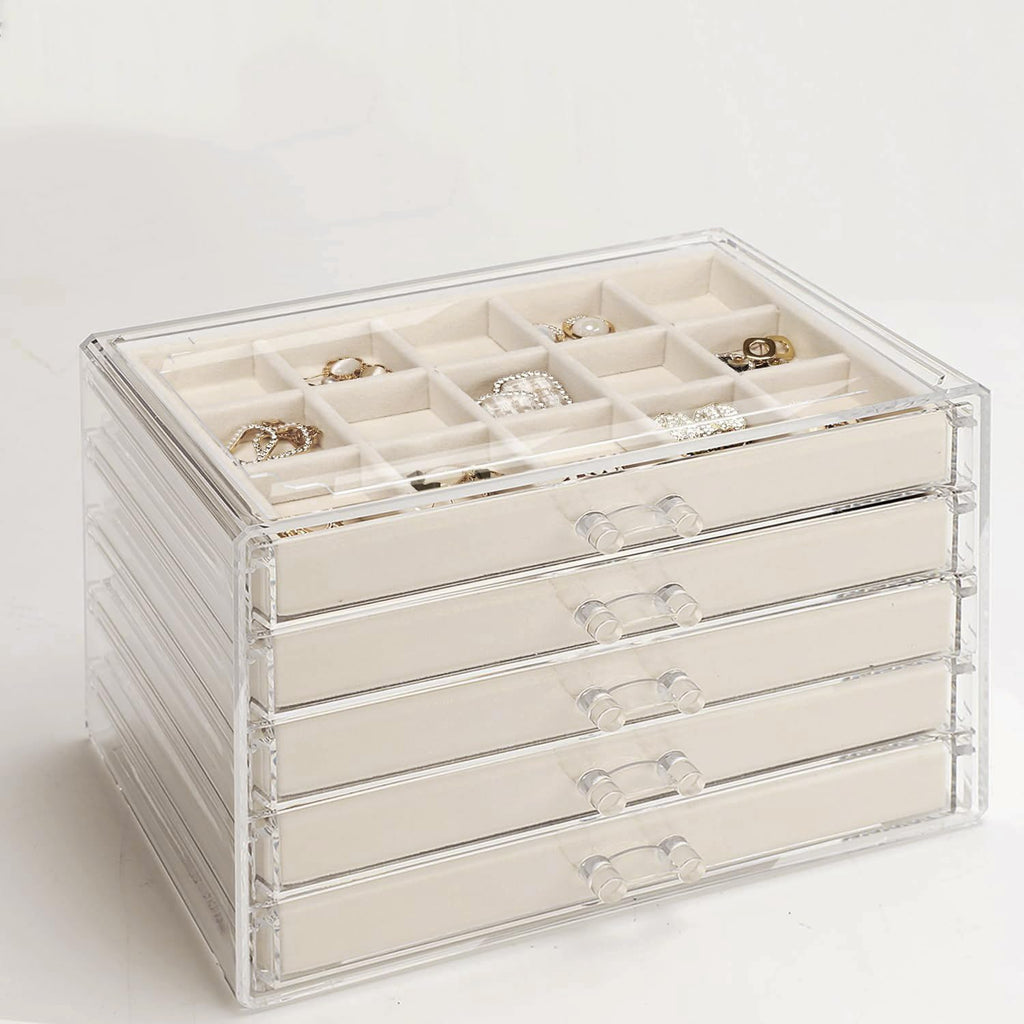 5 Drawers Clear Jewelry Box for Women and Girls, Acrylic Earring Holder Organizer Ring Holder Display Storage