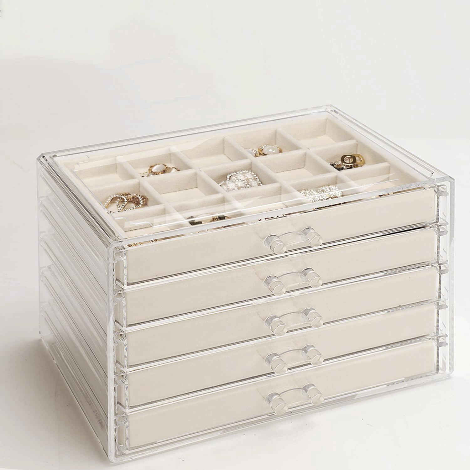 5 Drawers Clear Jewelry Box for Women and Girls, Acrylic Earring Holder Organizer Ring Holder Display Storage