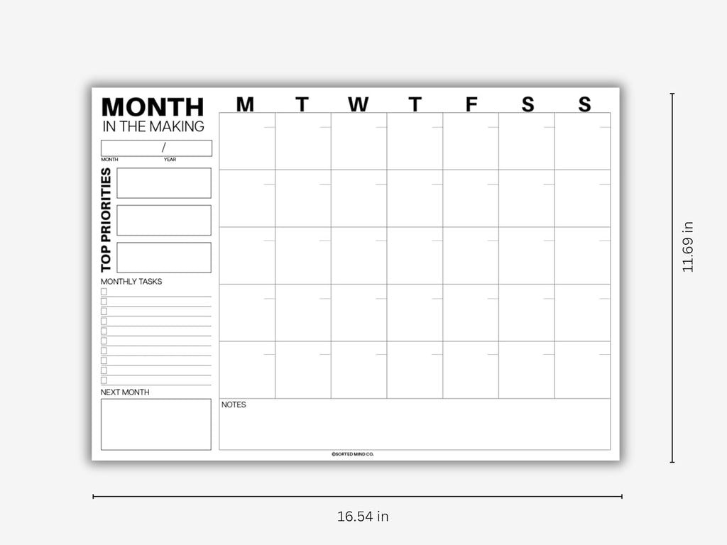 Undated Monthly Planning Calendar Sheets by Sorted Mind Co - 24 Tear-Off Sheets A3 Size - Premium Planner Pad for