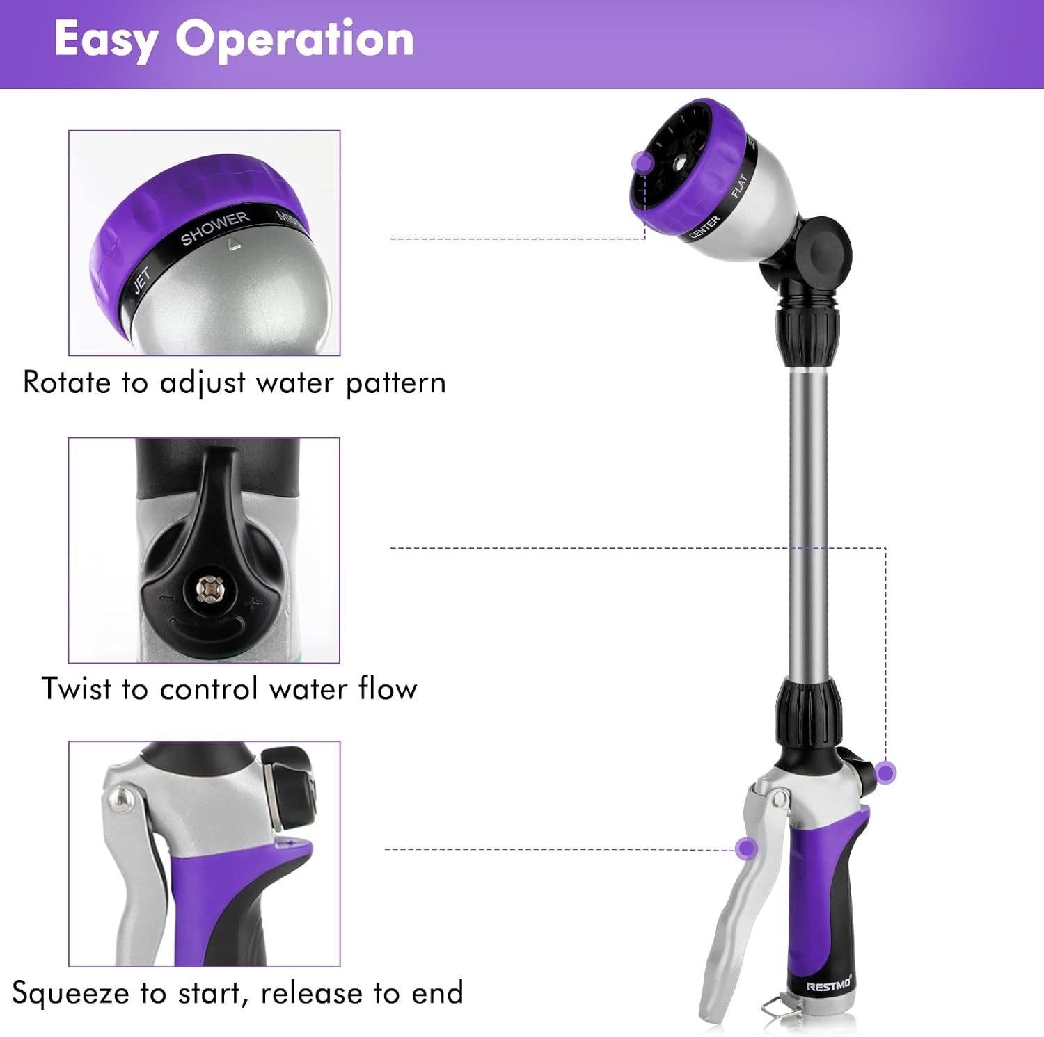 Metal Watering Wand, Heavy Duty Garden Hose Wand with 180° Swivel Ratcheting Head, 16'' Hose Nozzle Sprayer with 7