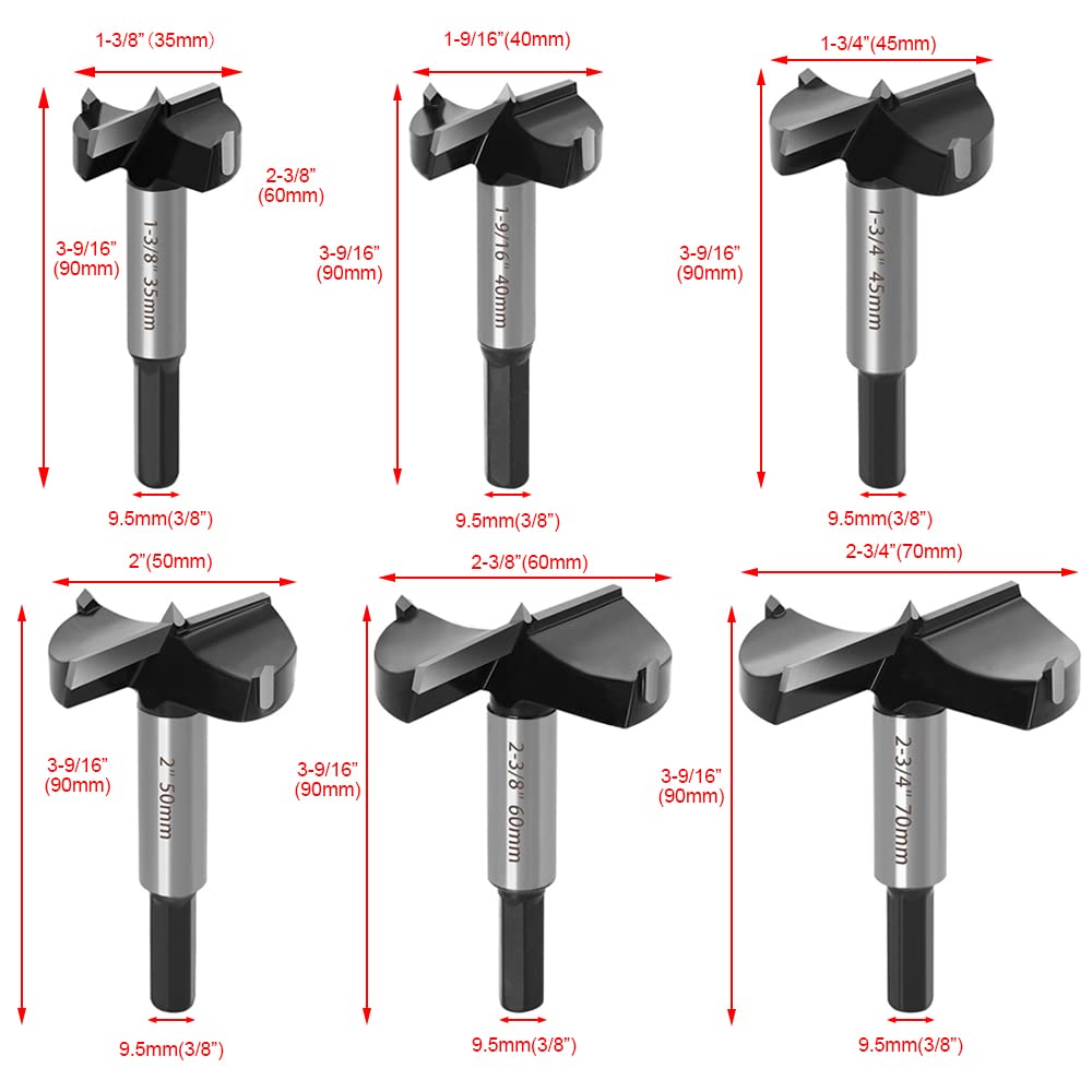 6PCS Large Size Forstner Bit set, 1-3/8Inch to 2-3/4Inch Carbide Tipped Forstner Drill Bit for Hard Wood, Wood