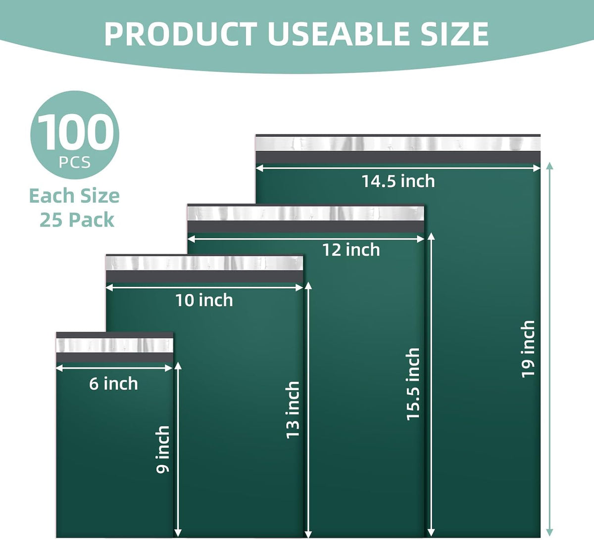 100 Pack Green Poly Mailers Variety Pack, 6x9&10x13&12x15.5&14.5x19