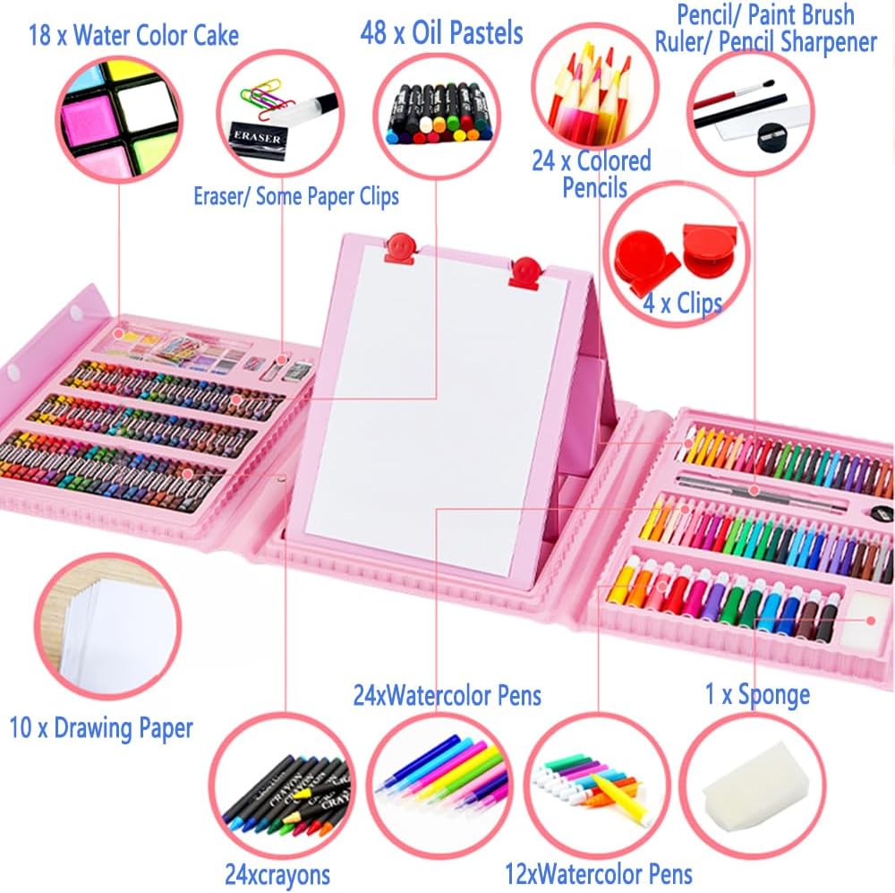 208 PCS Art Supplies, Drawing Art Kit for Kids Adults Art Set with Double Sided Trifold Easel, Oil Pastels, Crayons