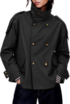 Womens Cropped Trench Coat Oversized Double Breasted Casual Jacket