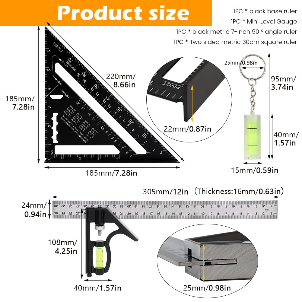 Combination Square Woodworking Ruler Tools,7inch Carpenter Square Wood Working Tools and Accessories,12inch Aluminum